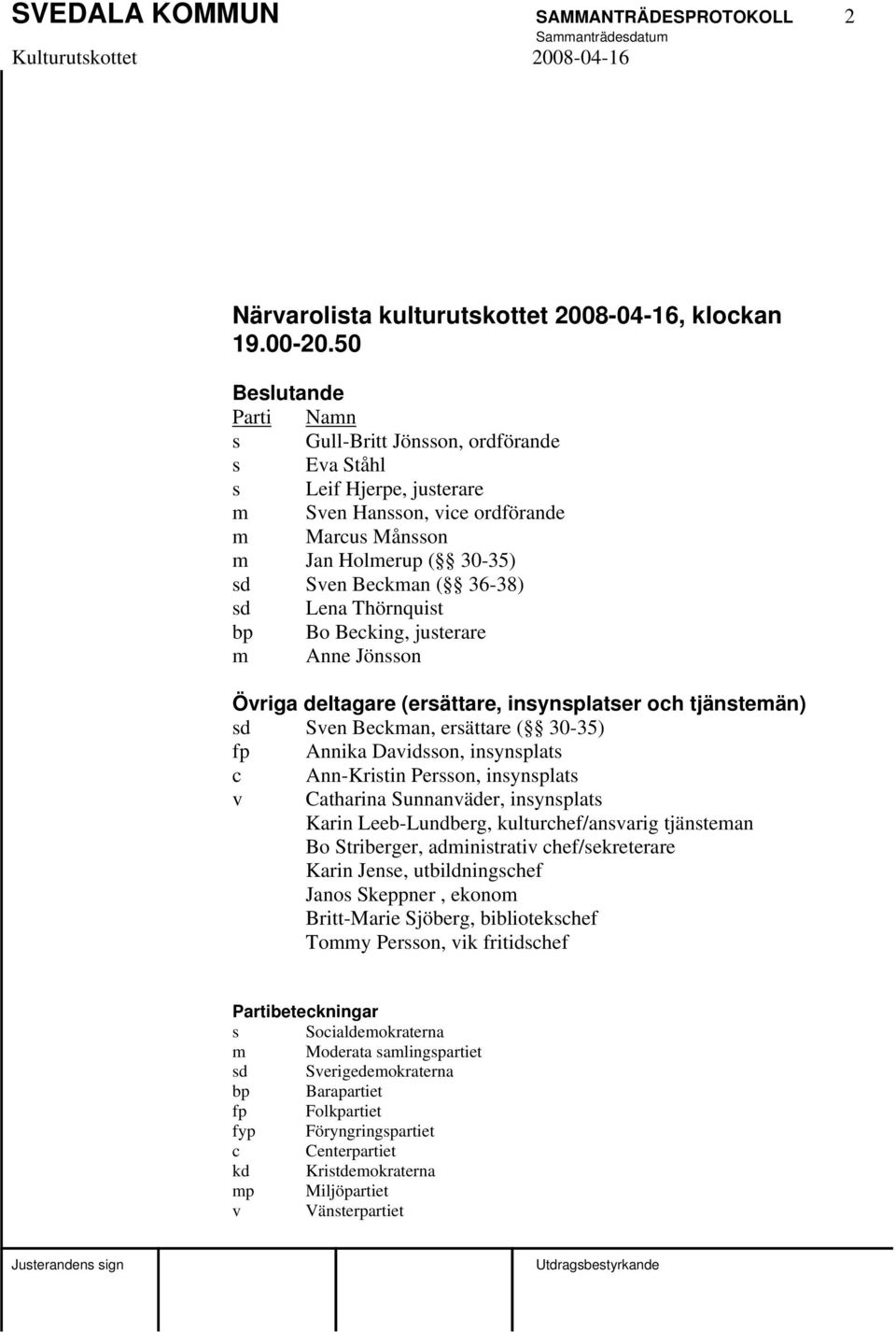 Lena Thörnquist bp Bo Becking, justerare m Anne Jönsson Övriga deltagare (ersättare, insynsplatser och tjänstemän) sd Sven Beckman, ersättare ( 30-35) fp Annika Davidsson, insynsplats c Ann-Kristin