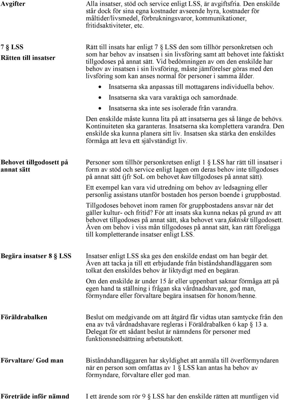 7 LSS Rätten till insatser Rätt till insats har enligt 7 LSS den som tillhör personkretsen och som har behov av insatsen i sin livsföring samt att behovet inte faktiskt tillgodoses på annat sätt.