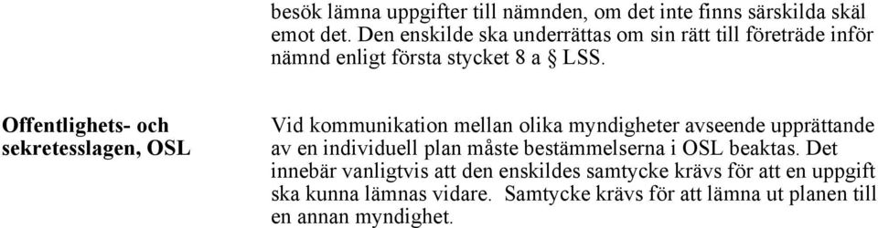 Offentlighets- och sekretesslagen, OSL Vid kommunikation mellan olika myndigheter avseende upprättande av en individuell plan