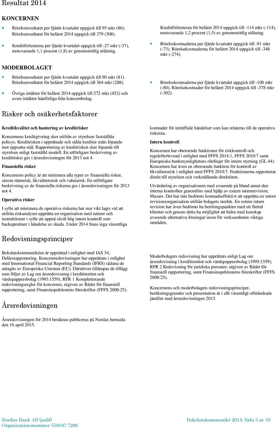 Kreditförlusterna för helåret 2014 uppgick till -114 mkr (-114), motsvarande 1,2 procent (1,5) av genomsnittlig utlåning. Rörelsekostnaderna per fjärde kvartalet uppgick till -91 mkr (-73).