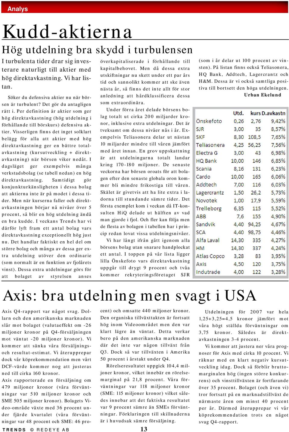 Visserligen finns det inget solklart belägg för alla att aktier med hög direktavkastning ger en bättre totalavkastning (kursutveckling + direktavkastning) när börsen viker nedåt.