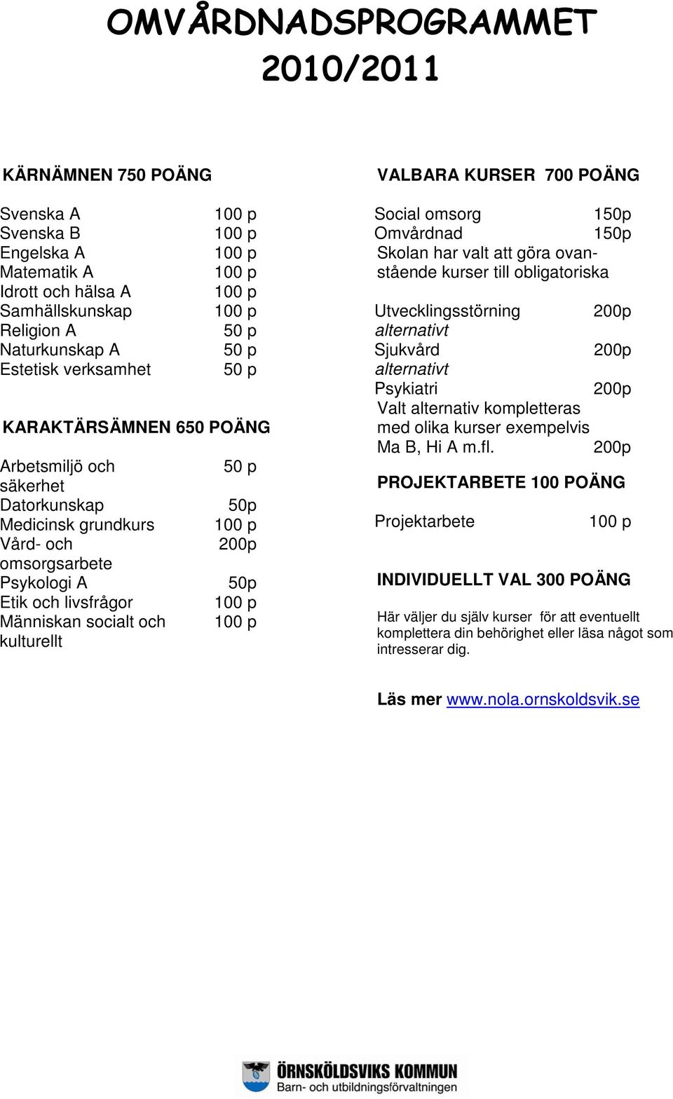 Omvårdnad 1 Skolan har valt att göra ovanstående kurser till obligatoriska Utvecklingsstörning alternativt Sjukvård alternativt Psykiatri Valt alternativ kompletteras med olika kurser