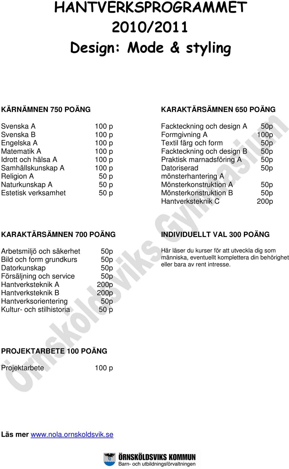Mönsterkonstruktion B Hantverksteknik C 100p KARAKTÄRSÄMNEN 700 POÄNG INDIVIDUELLT VAL 300 POÄNG Arbetsmiljö och säkerhet Bild och form grundkurs Datorkunskap Försäljning och service Hantverksteknik