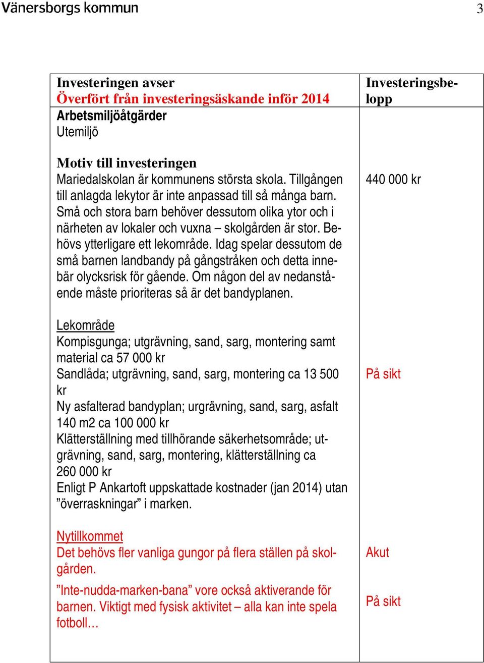 Behövs ytterligare ett lekområde. Idag spelar dessutom de små barnen landbandy på gångstråken och detta innebär olycksrisk för gående.