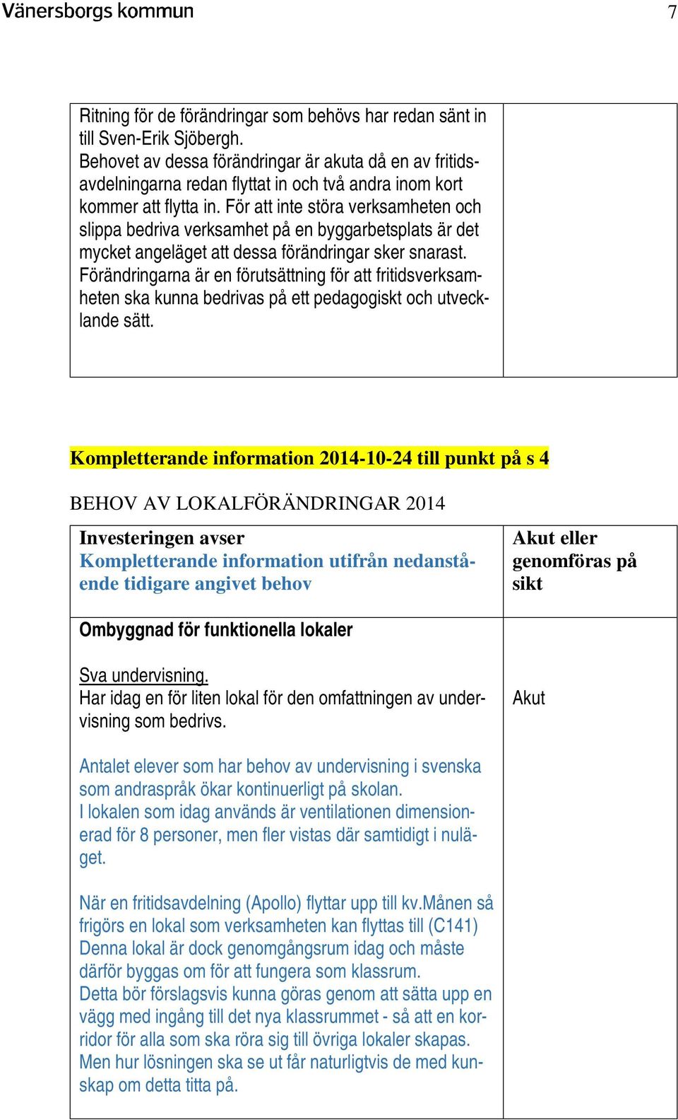 För att inte störa verksamheten och slippa bedriva verksamhet på en byggarbetsplats är det mycket angeläget att dessa förändringar sker snarast.