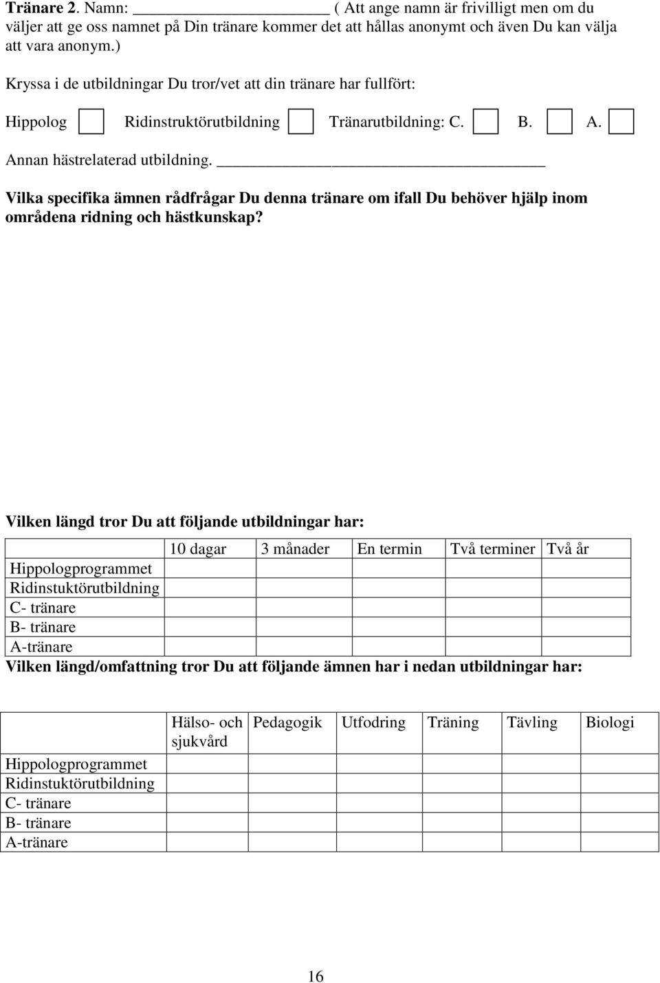 Vilka specifika ämnen rådfrågar Du denna tränare om ifall Du behöver hjälp inom områdena ridning och hästkunskap?