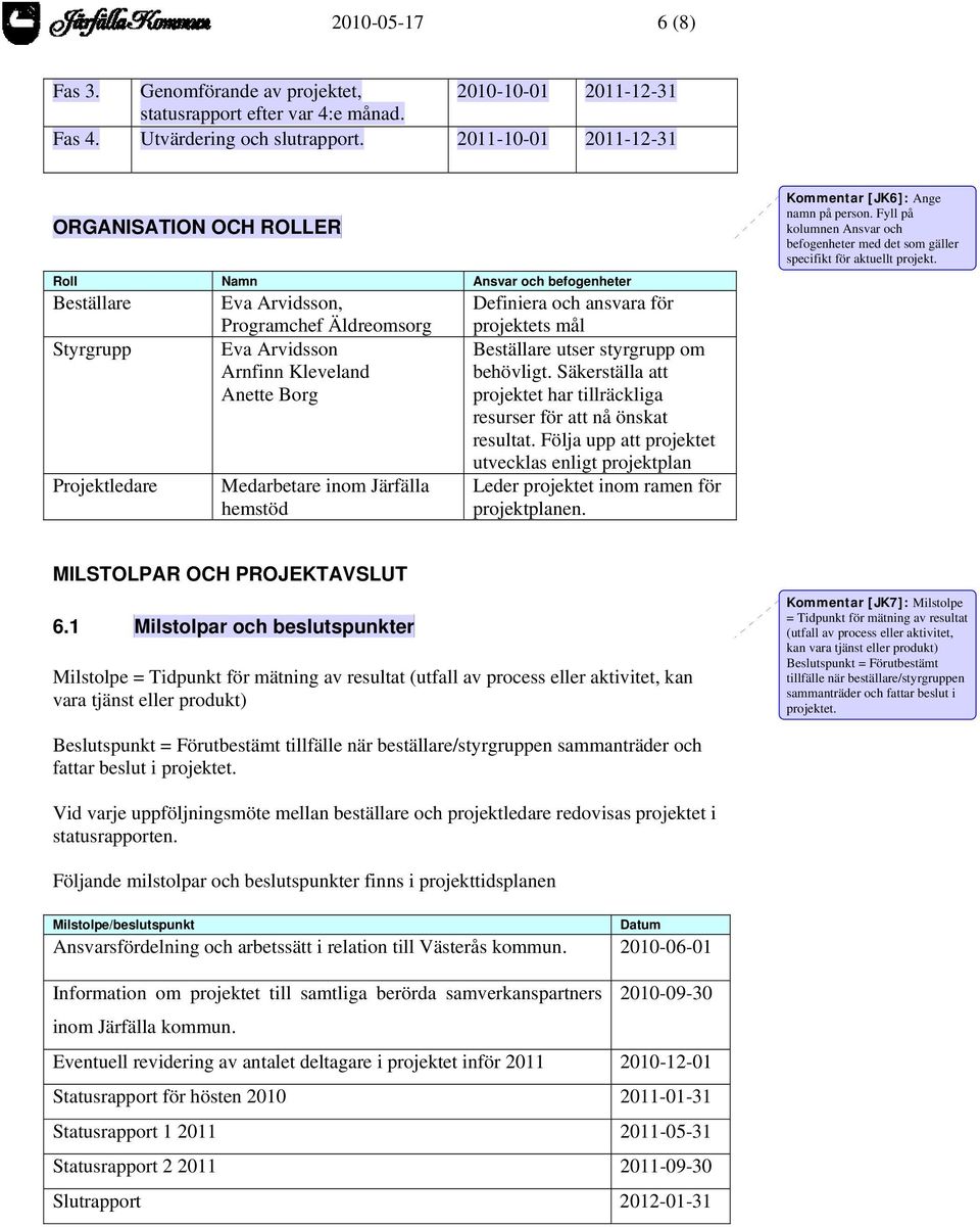 Medarbetare inom Järfälla hemstöd Definiera och ansvara för projektets mål Beställare utser styrgrupp om behövligt. Säkerställa att projektet har tillräckliga resurser för att nå önskat resultat.