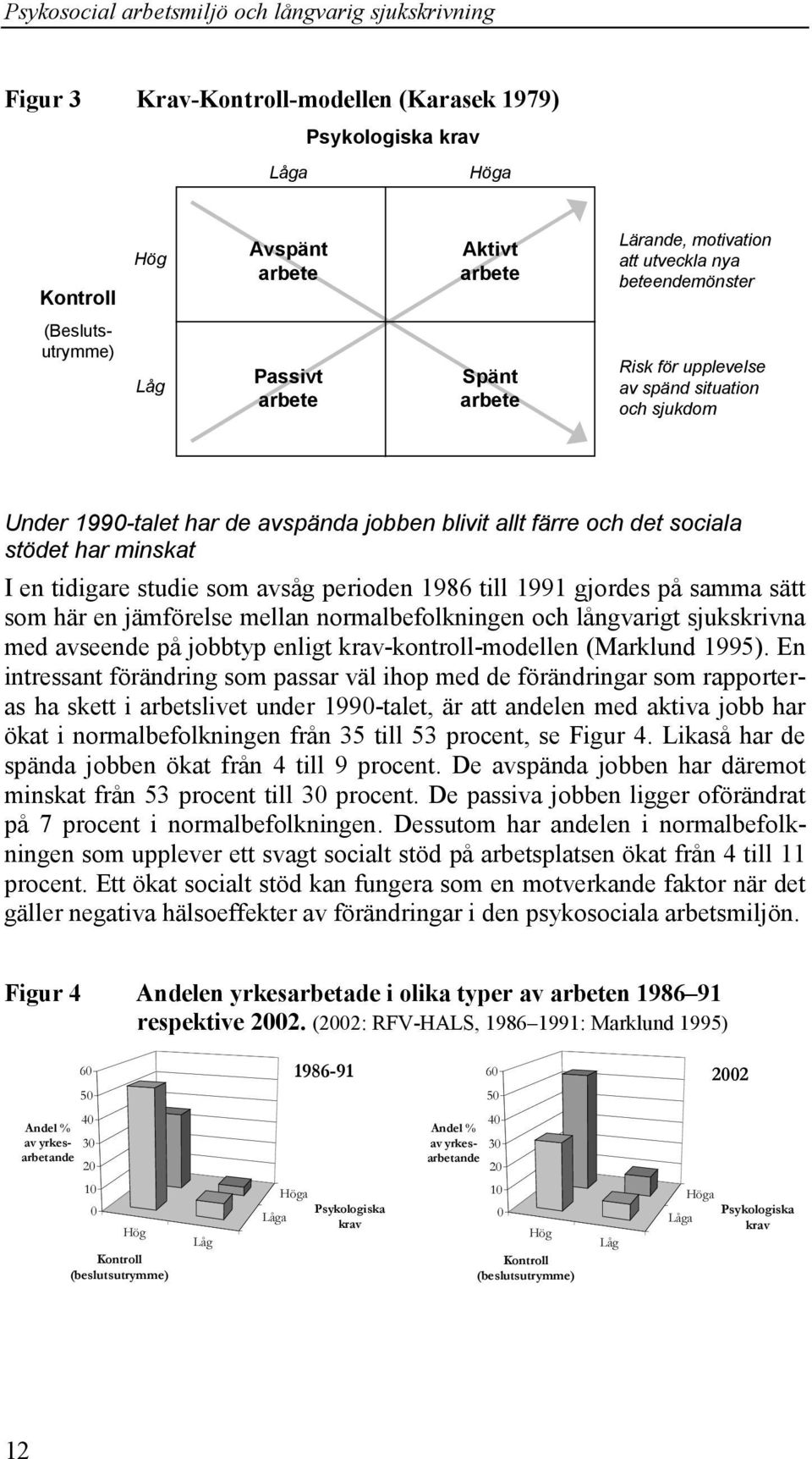 perioden 1986 till 1991 gjordes på samma sätt som här en jämförelse mellan normalbefolkningen och långvarigt sjukskrivna med avseende på jobbtyp enligt krav-kontroll-modellen (Marklund 1995).