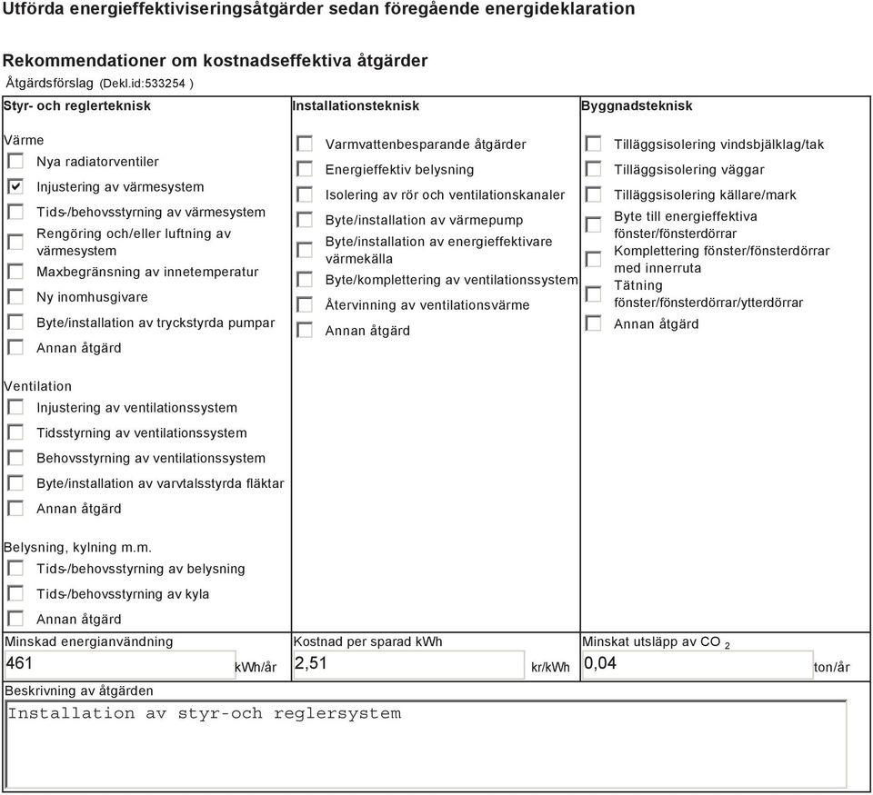 värmesystem Maxbegränsning av innetemperatur Ny inomhusgivare Byte/installation av tryckstyrda pumpar Ventilation Injustering av ventilationssystem Tidsstyrning av ventilationssystem Behovsstyrning