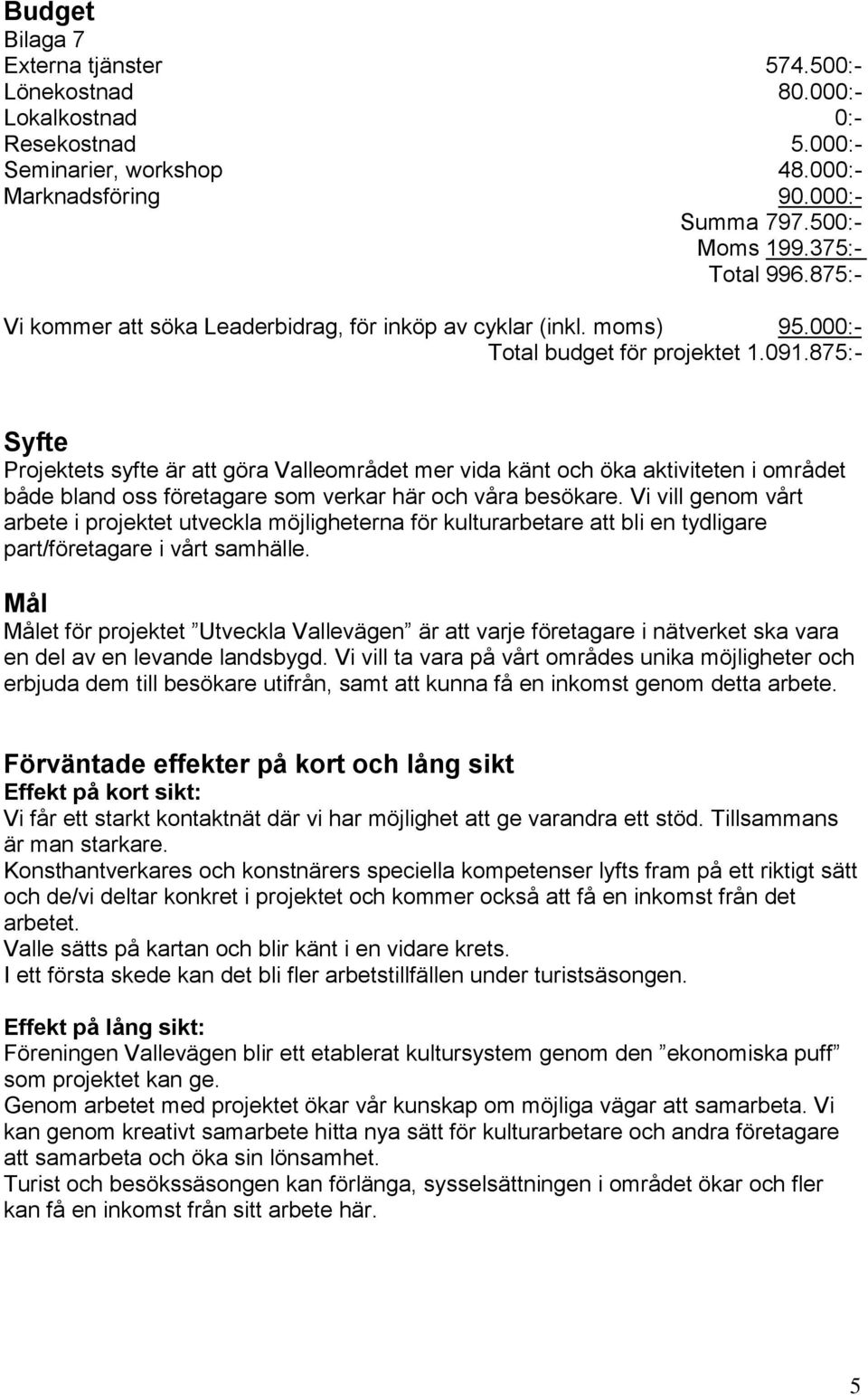 875:- Syfte Projektets syfte är att göra Valleområdet mer vida känt och öka aktiviteten i området både bland oss företagare som verkar här och våra besökare.