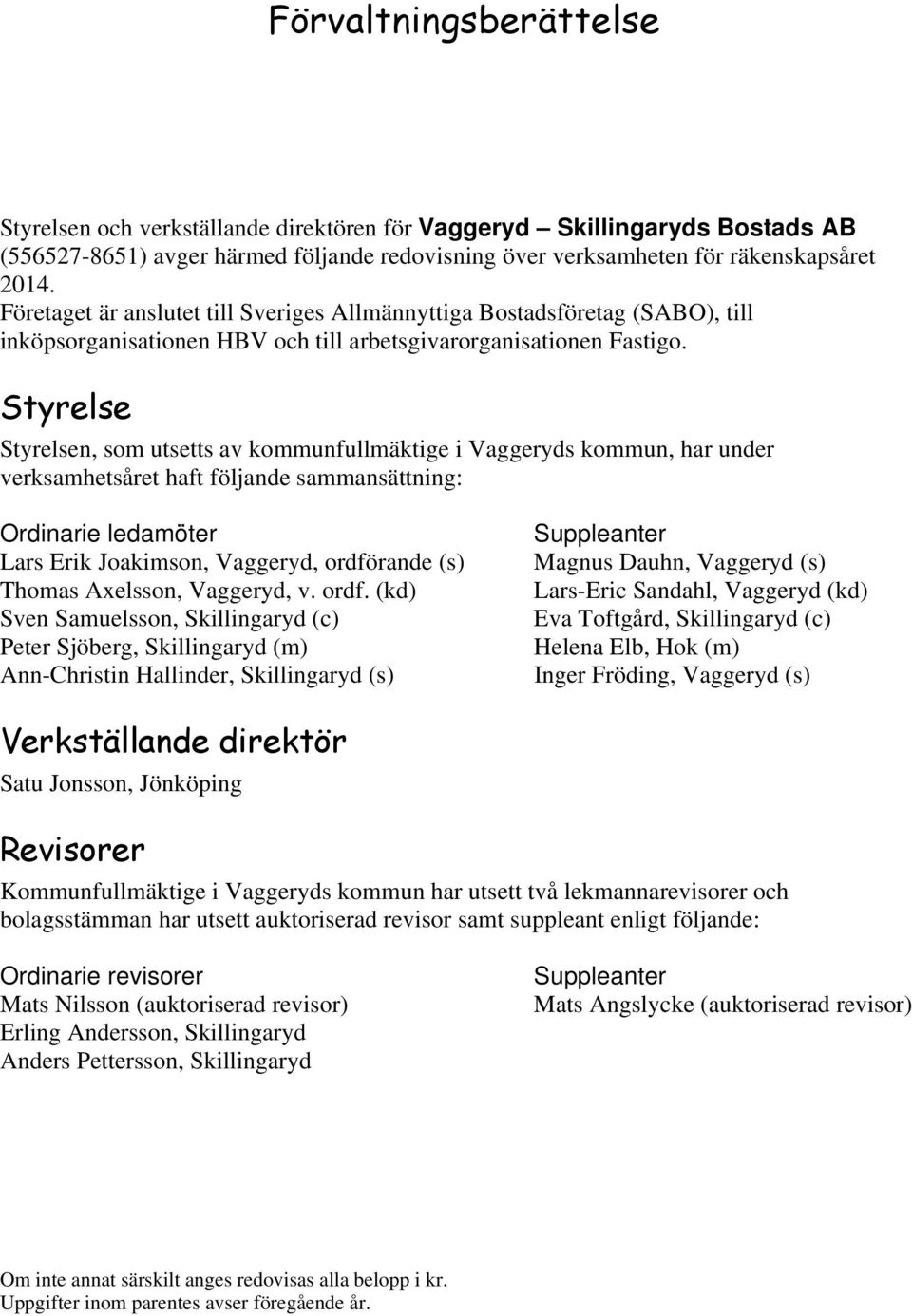 Styrelse Styrelsen, som utsetts av kommunfullmäktige i Vaggeryds kommun, har under verksamhetsåret haft följande sammansättning: Ordinarie ledamöter Lars Erik Joakimson, Vaggeryd, ordförande (s)