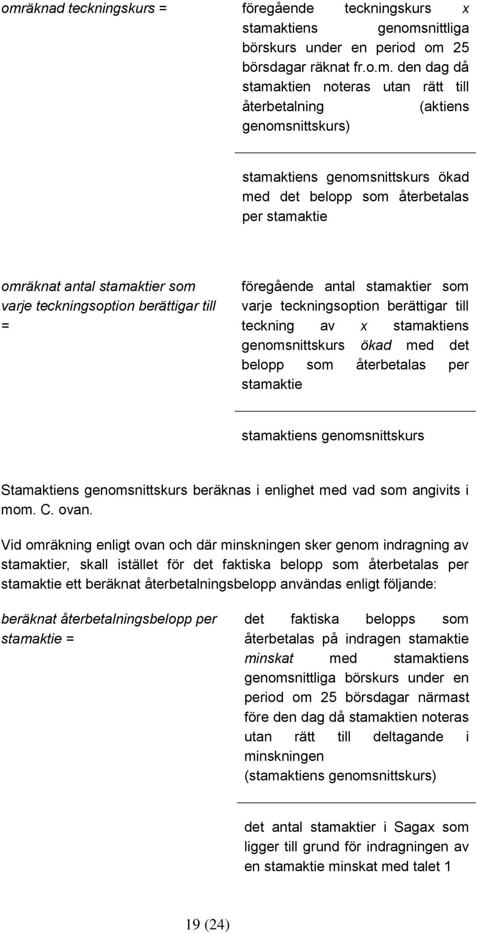 stamaktier som varje teckningsoption berättigar till teckning av x stamaktiens genomsnittskurs ökad med det belopp som återbetalas per stamaktie stamaktiens genomsnittskurs Stamaktiens