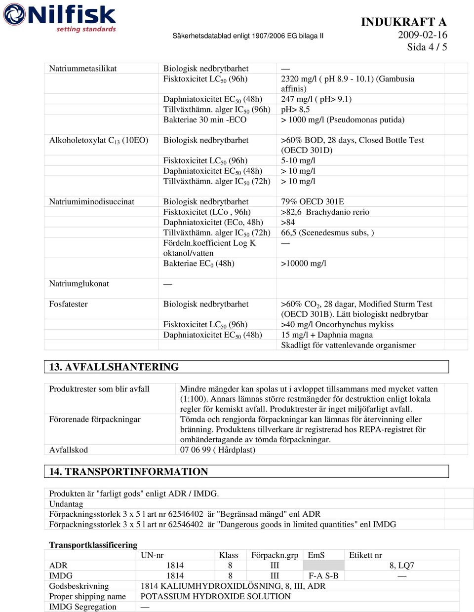 50 (96h) 5-10 mg/l Daphniatoxicitet EC 50 (48h) > 10 mg/l Tillväxthämn.