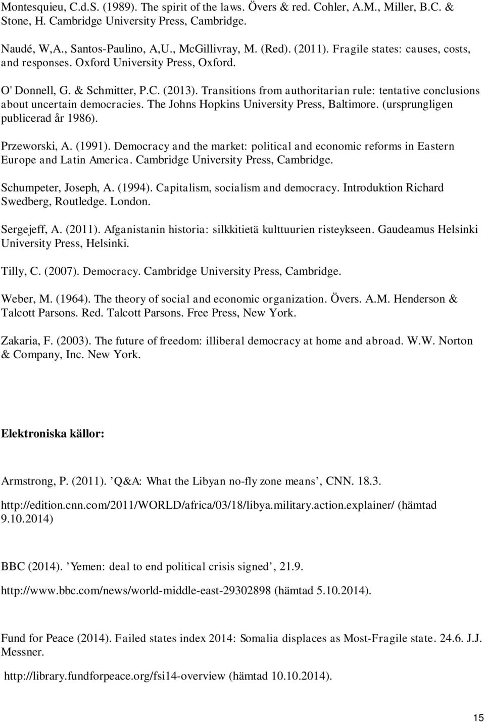 Transitions from authoritarian rule: tentative conclusions about uncertain democracies. The Johns Hopkins University Press, Baltimore. (ursprungligen publicerad år 1986). Przeworski, A. (1991).