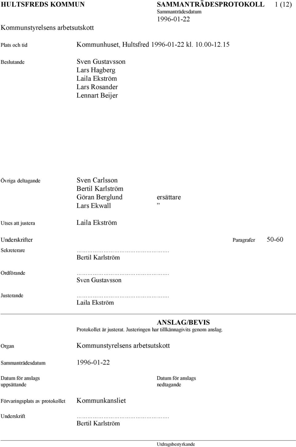 Berglund ersättare Lars Ekwall Laila Ekström Underskrifter Paragrafer 50-60 Sekreterare Ordförande Justerande. Bertil Karlström. Sven Gustavsson.