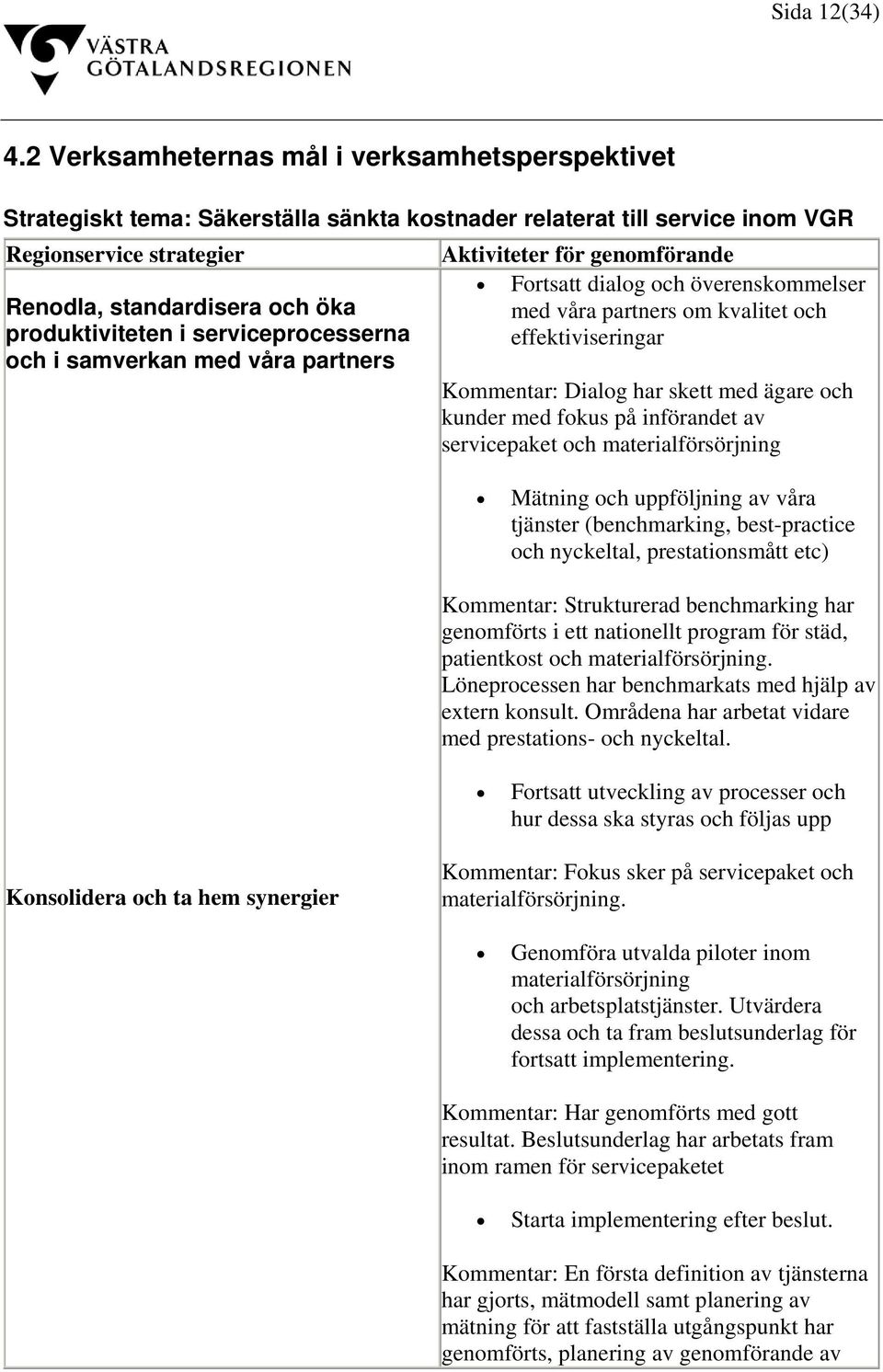 och överenskommelser Renodla, standardisera och öka med våra partners om kvalitet och produktiviteten i serviceprocesserna effektiviseringar och i samverkan med våra partners Kommentar: Dialog har