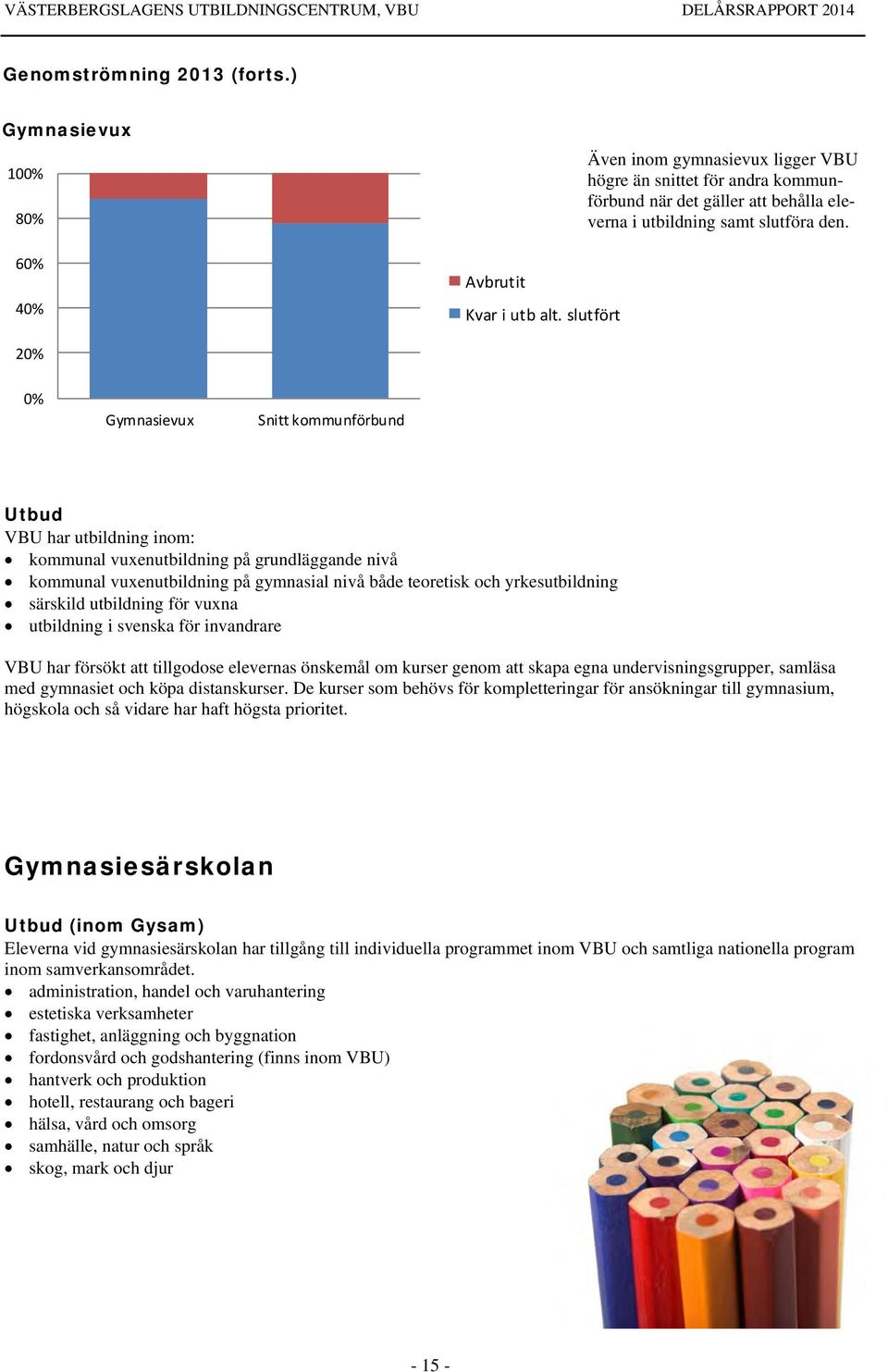 20% 0% Gymnasievux Snitt kommunförbund Utbud VBU har utbildning inom: kommunal vuxenutbildning på grundläggande nivå kommunal vuxenutbildning på gymnasial nivå både teoretisk och yrkesutbildning