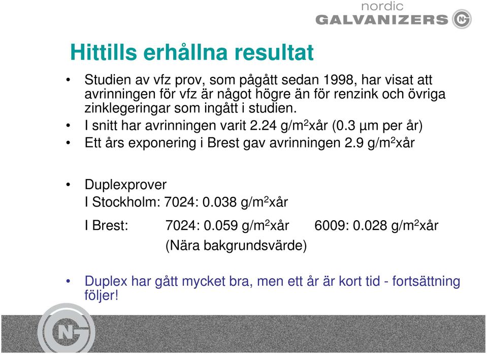 3 µm per år) Ett års exponering i Brest gav avrinningen 2.9 g/m 2 xår Duplexprover I Stockholm: 7024: 0.