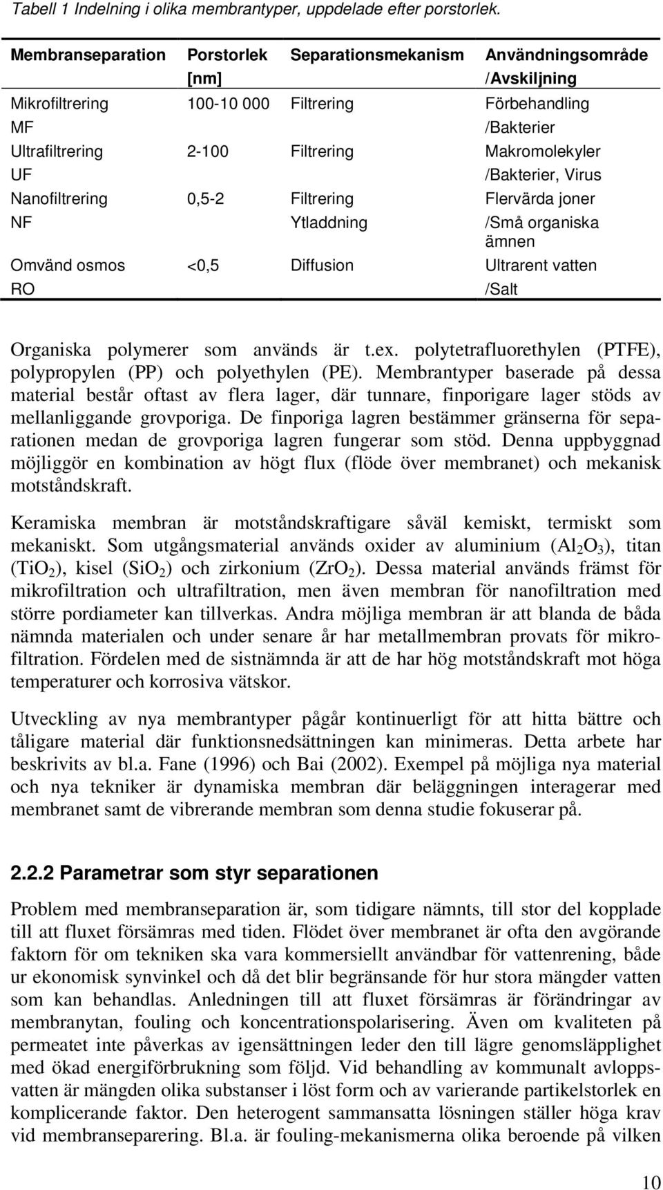 2-1 Filtrering Makromolekyler /Bakterier, Virus,5-2 Filtrering Flervärda joner Ytladdning /Små organiska ämnen <,5 Diffusion Ultrarent vatten /Salt Organiska polymerer som används är t.ex.