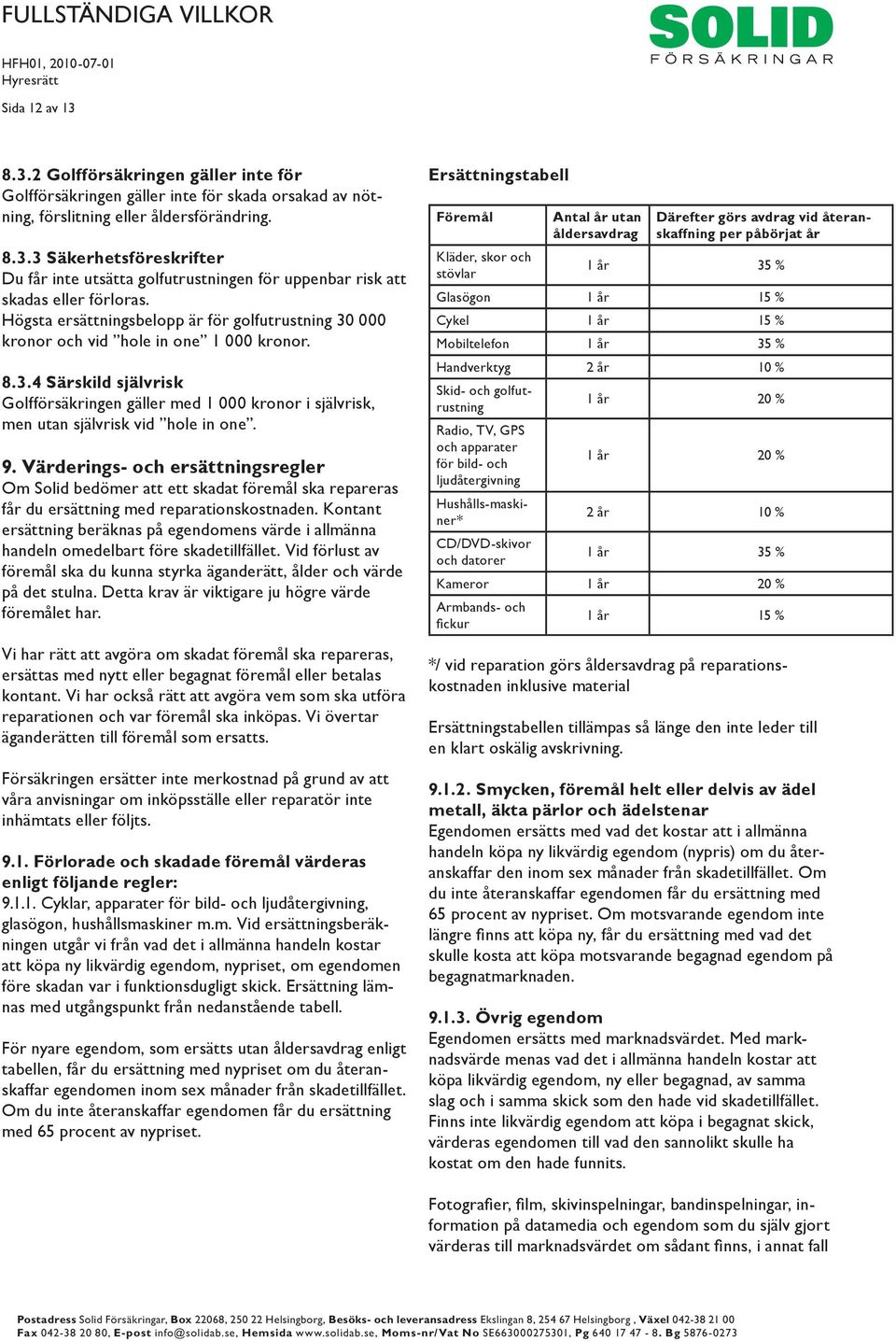 9. Värderings- och ersättningsregler Om Solid bedömer att ett skadat föremål ska repareras får du ersättning med reparationskostnaden.