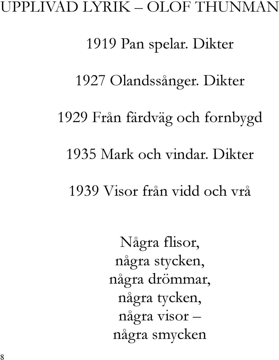 Dikter 1929 Från färdväg och fornbygd 1935 Mark och vindar.