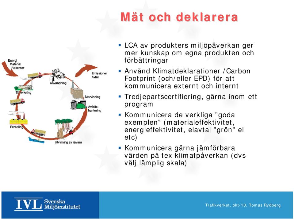 Tredjepartscertifiering, gärna inom ett program Kommunicera de verkliga goda exemplen (materialeffektivitet,