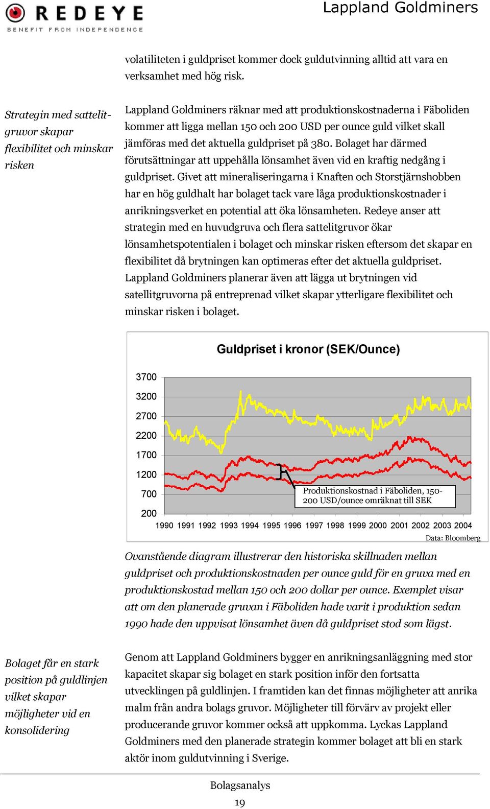 skall jämföras med det aktuella guldpriset på 380. Bolaget har därmed förutsättningar att uppehålla lönsamhet även vid en kraftig nedgång i guldpriset.