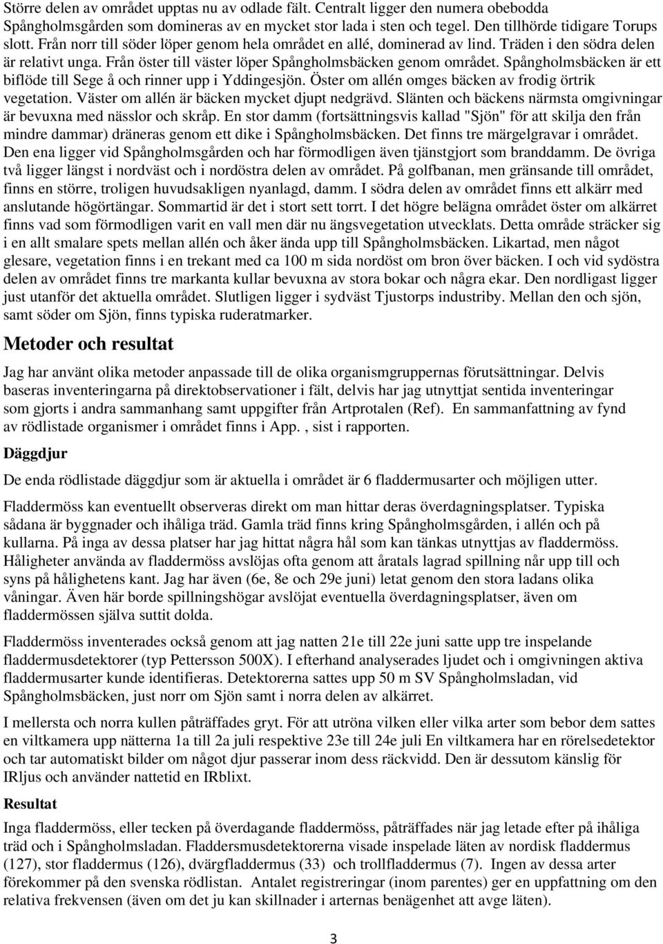 Spångholmsbäcken är ett biflöde till Sege å och rinner upp i Yddingesjön. Öster om allén omges bäcken av frodig örtrik vegetation. Väster om allén är bäcken mycket djupt nedgrävd.