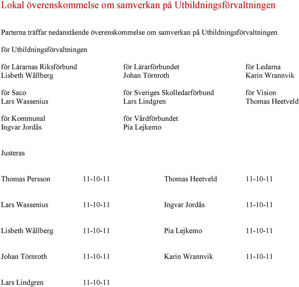 Skolledarförbund för Vision Lars Wassenius Lars Lindgren Thomas Heetveld för Kommunal Ingvar Jordås för Vårdförbundet Pia Lejkemo Justeras Thomas Persson 11-10-11