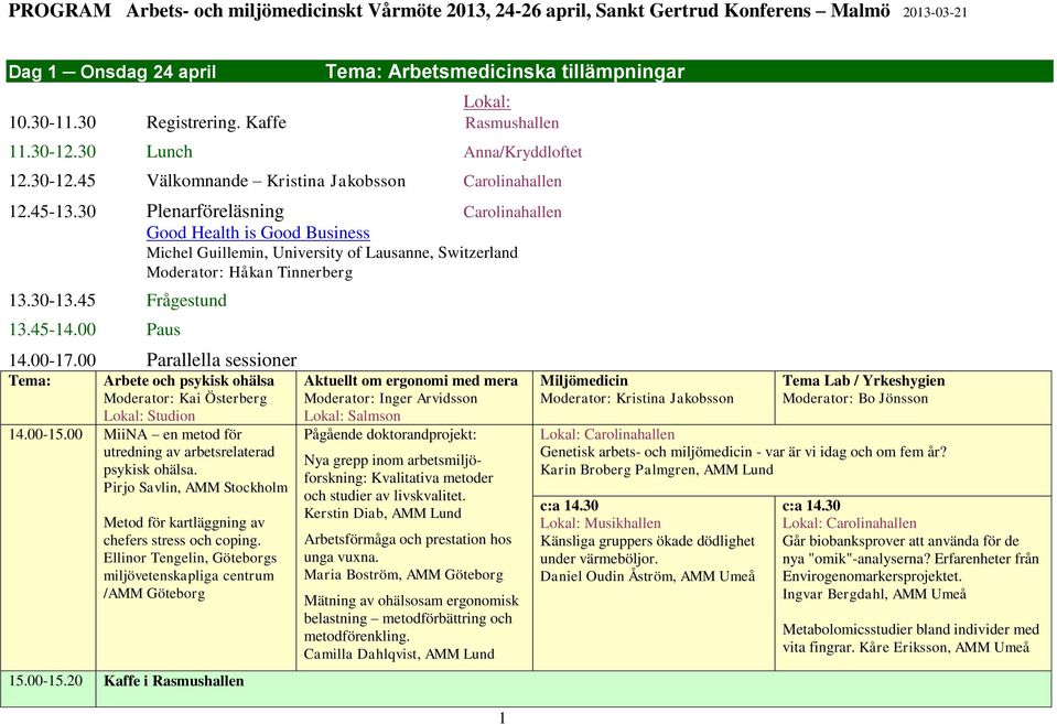 00-17.00 Parallella sessioner Tema: Arbete och psykisk ohälsa Moderator: Kai Österberg 14.00-15.00 MiiNA en metod för utredning av arbetsrelaterad psykisk ohälsa.