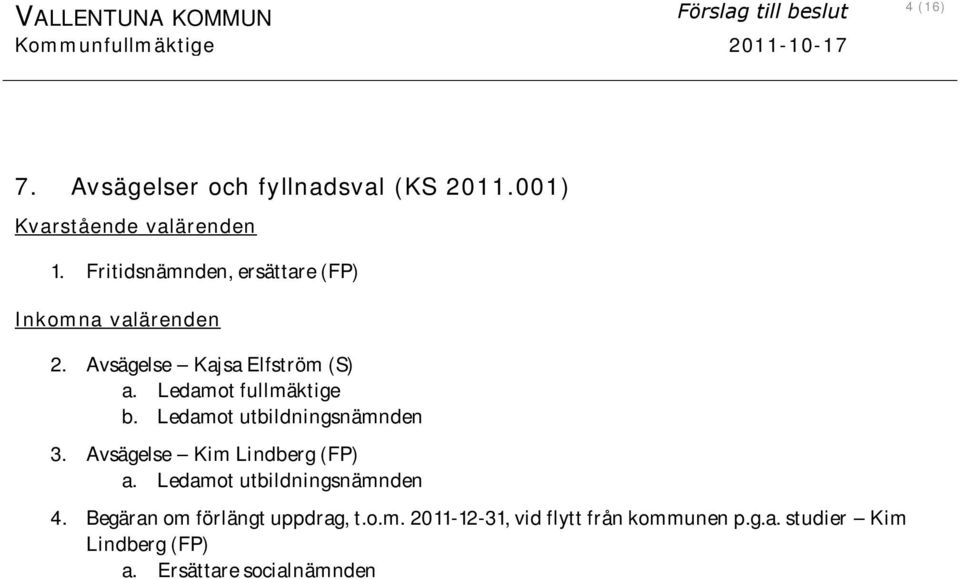 Ledamot fullmäktige b. Ledamot utbildningsnämnden 3. Avsägelse Kim Lindberg (FP) a. Ledamot utbildningsnämnden 4.