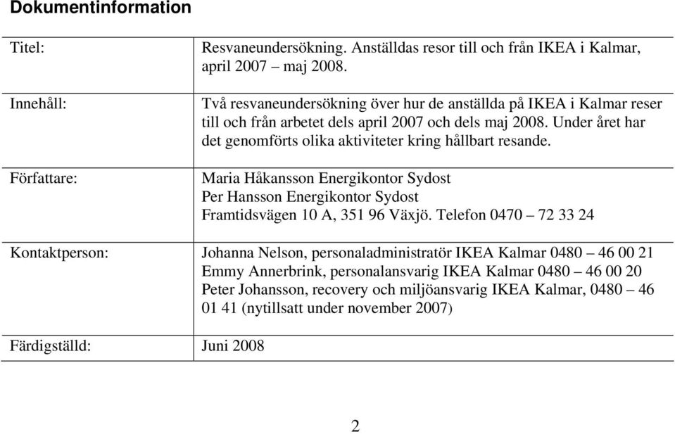 Under året har det genomförts olika aktiviteter kring hållbart resande. Maria Håkansson Energikontor Sydost Per Hansson Energikontor Sydost Framtidsvägen 10 A, 351 96 Växjö.