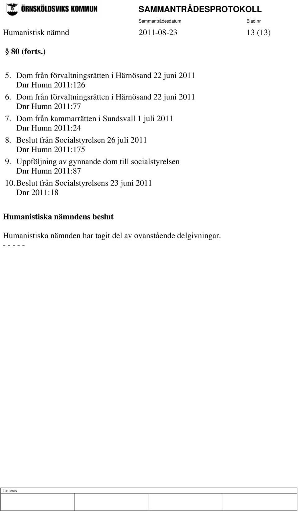 Dom från kammarrätten i Sundsvall 1 juli 2011 Dnr Humn 2011:24 8. Beslut från Socialstyrelsen 26 juli 2011 Dnr Humn 2011:175 9.