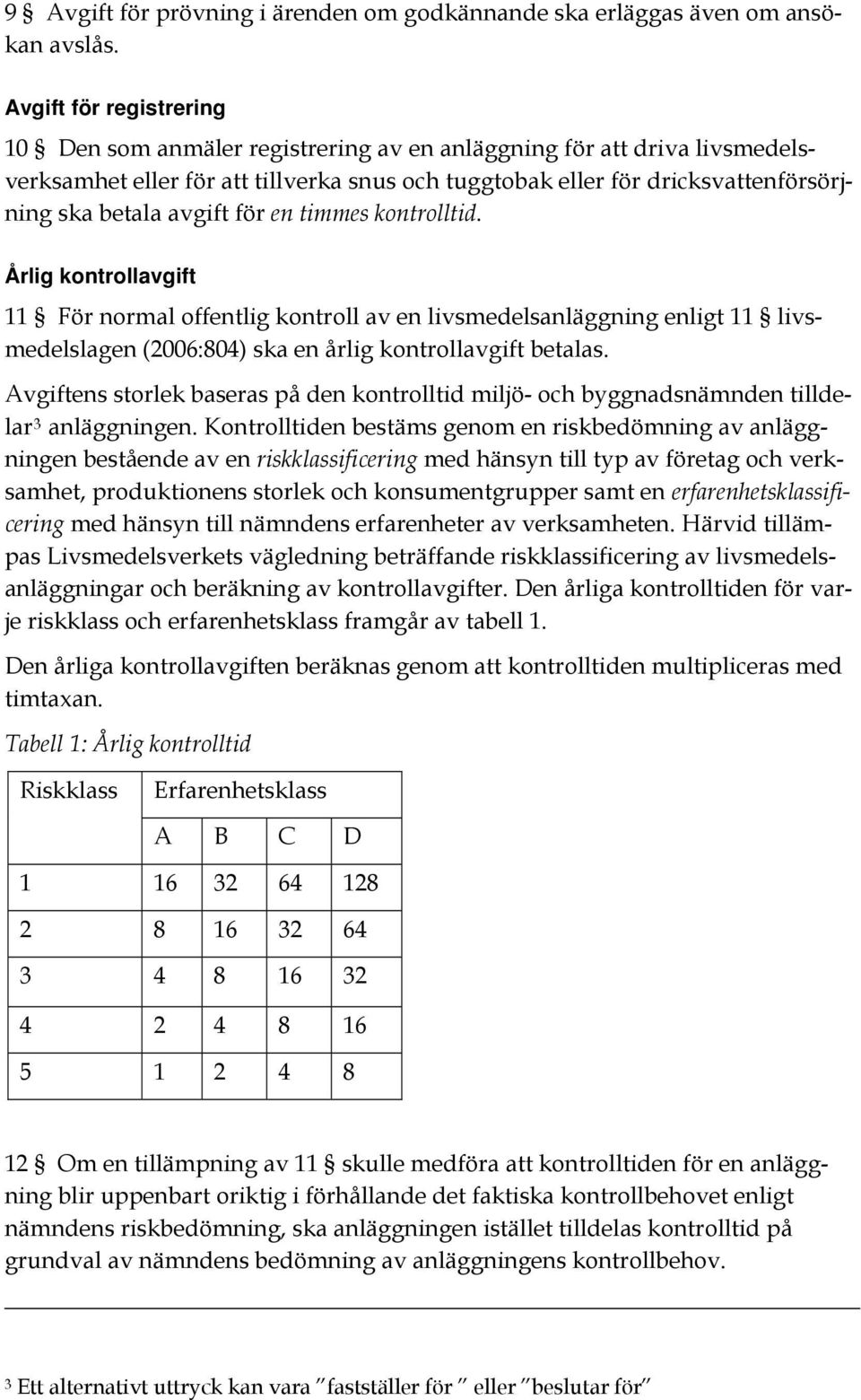 avgift för en timmes kontrolltid. Årlig kontrollavgift 11 För normal offentlig kontroll av en livsmedelsanläggning enligt 11 livsmedelslagen (2006:804) ska en årlig kontrollavgift betalas.