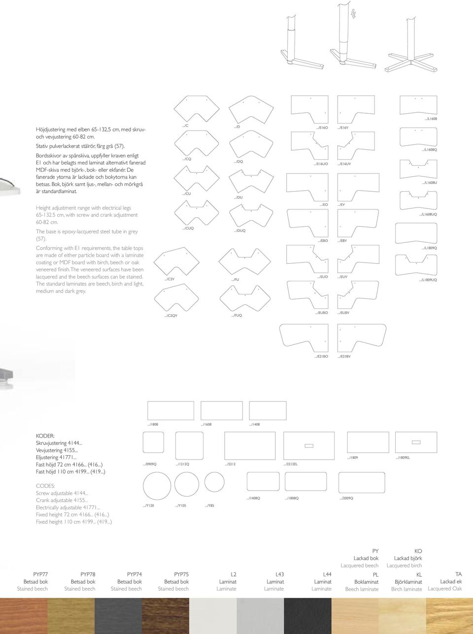 Bok, björk samt ljus-, mellan- och mörkgrå är standardlaminat. Height adjustment range with electrical legs 65-132.5 cm, with screw and crank adjustment 60-82 cm.