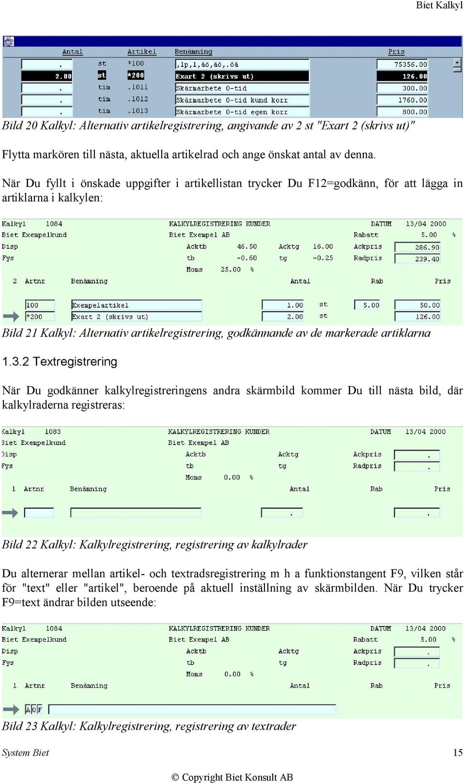 1.3.2 Textregistrering När Du godkänner kalkylregistreringens andra skärmbild kommer Du till nästa bild, där kalkylraderna registreras: Bild 22 Kalkyl: Kalkylregistrering, registrering av kalkylrader