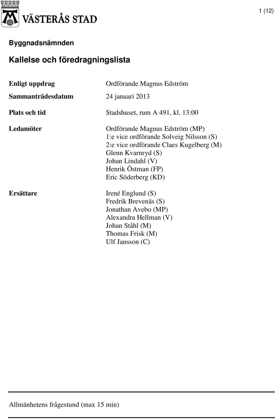 13:00 Ledamöter Ersättare Ordförande Magnus Edström (MP) 1:e vice ordförande Solveig Nilsson (S) 2:e vice ordförande Claes Kugelberg (M)