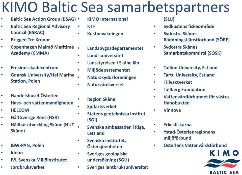 Miljöinstitutet Jordbruksverket KIMO International KTH Kustbevakningen Landsbygdsdepartementet Lunds universitet Länsstyrelsen i Skåne län Miljödepartementet Naturskyddsföreningen Naturvårdsverket