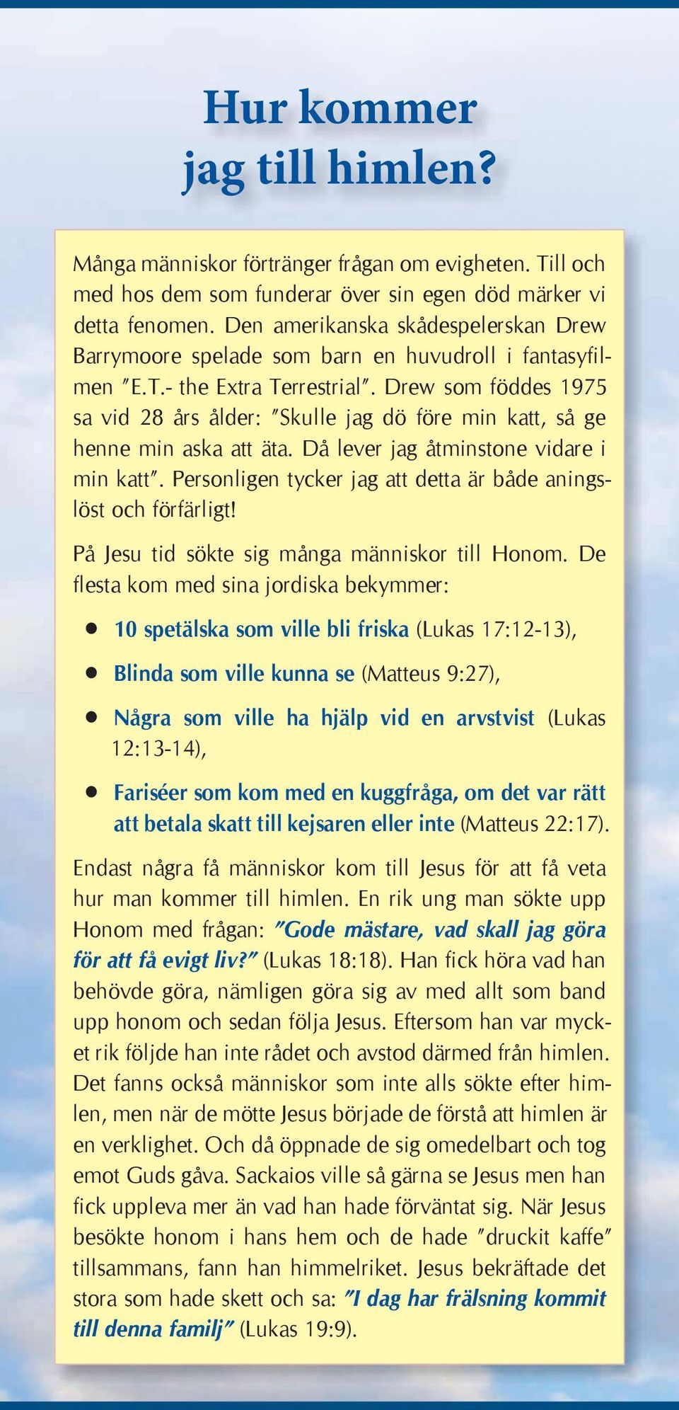 Drew som föddes 1975 sa vid 28 års ålder: Skulle jag dö före min katt, så ge henne min aska att äta. Då lever jag åtminstone vidare i min katt.