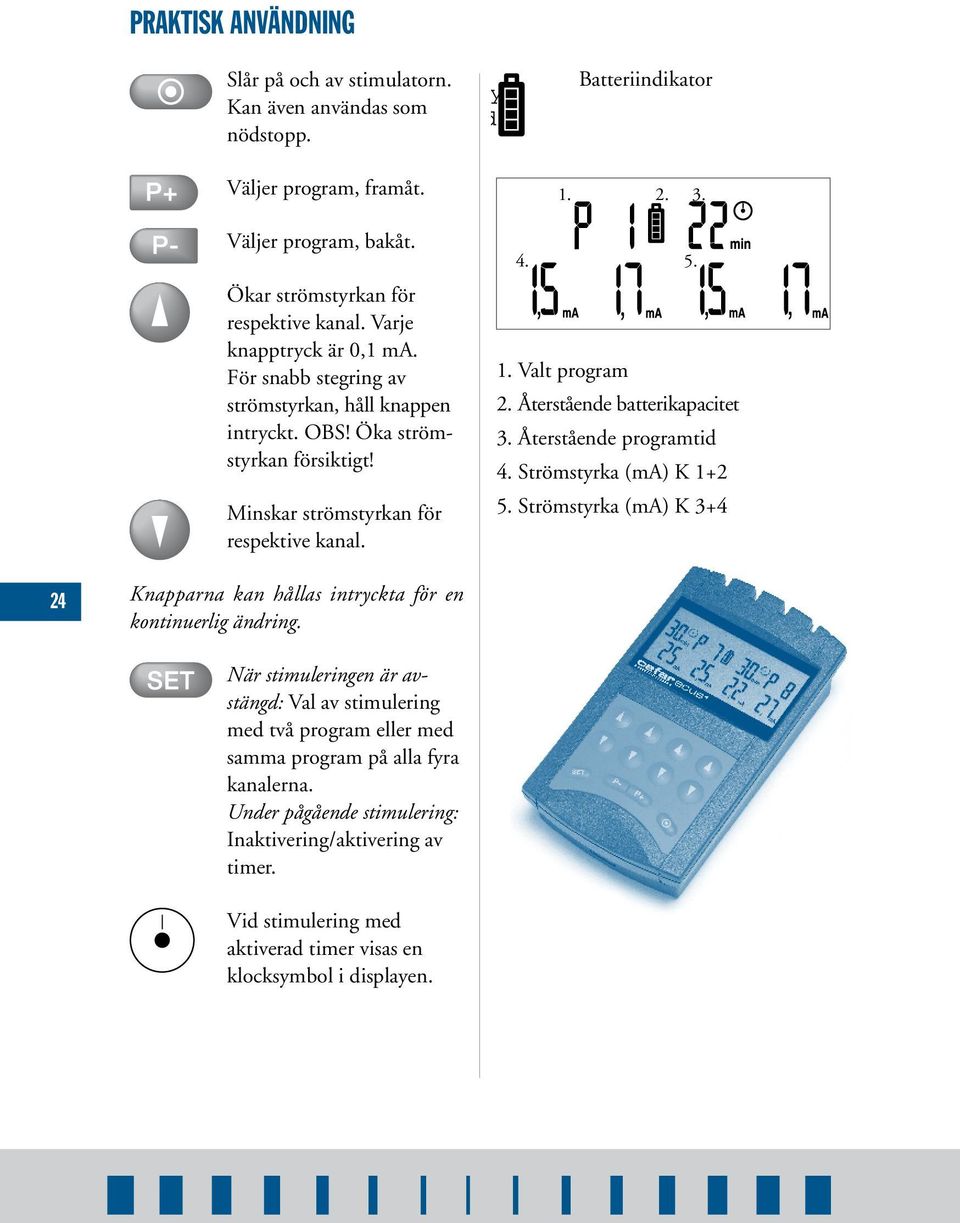 Minskar strömstyrkan för respektive kanal. 4. 5. 1. Valt program 2. Återstående batterikapacitet 3. Återstående programtid 4. Strömstyrka (ma) K 1+2 5.