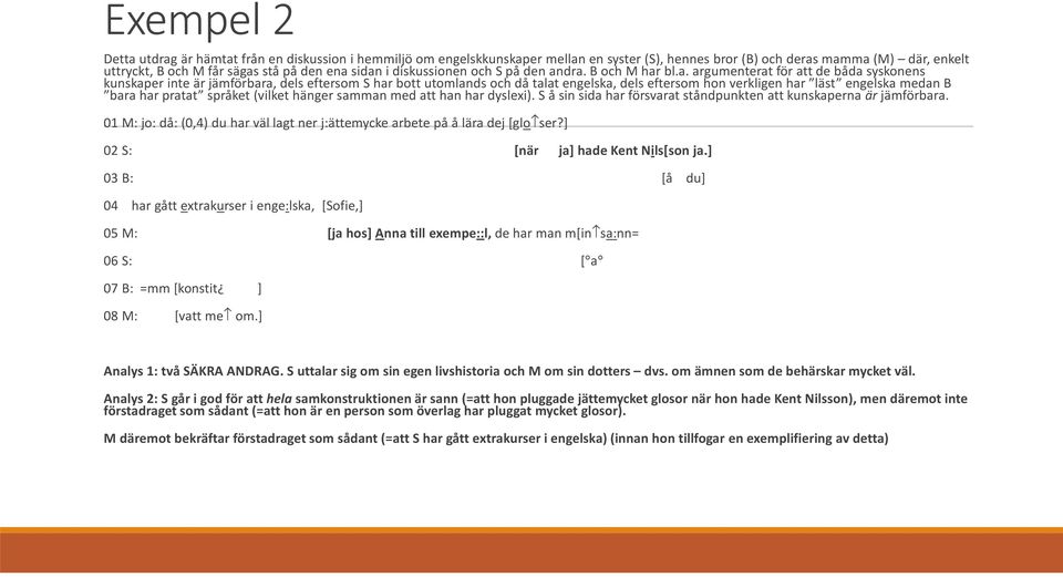 hon verkligen har läst engelska medan B bara har pratat språket (vilket hänger samman med att han har dyslexi). S å sin sida har försvarat ståndpunkten att kunskaperna är jämförbara.