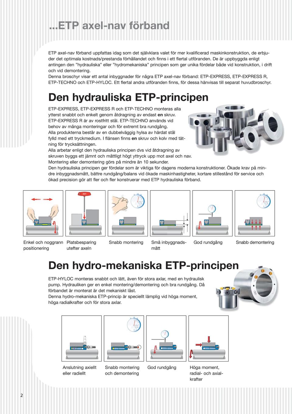 Denna broschyr visar ett antal inbyggnader för några ETP axel-nav förband: ETP-EXPRESS, ETP-EXPRESS R, ETP-TECHNO och ETP-HYLOC.