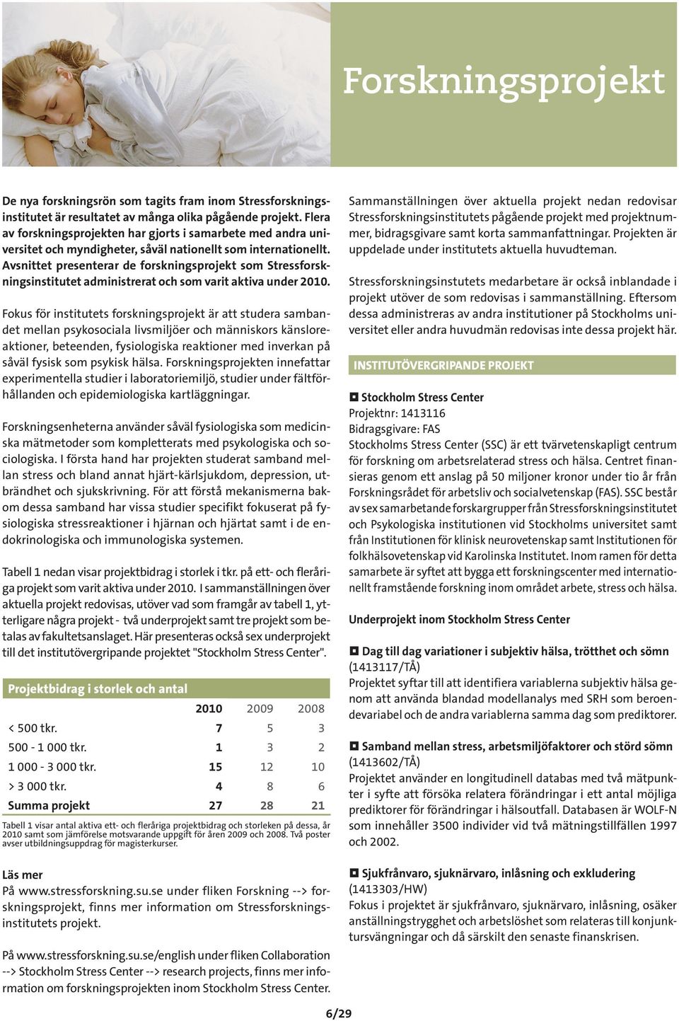 Avsnittet presenterar de forskningsprojekt som Stressforskningsinstitutet administrerat och som varit aktiva under 2010.