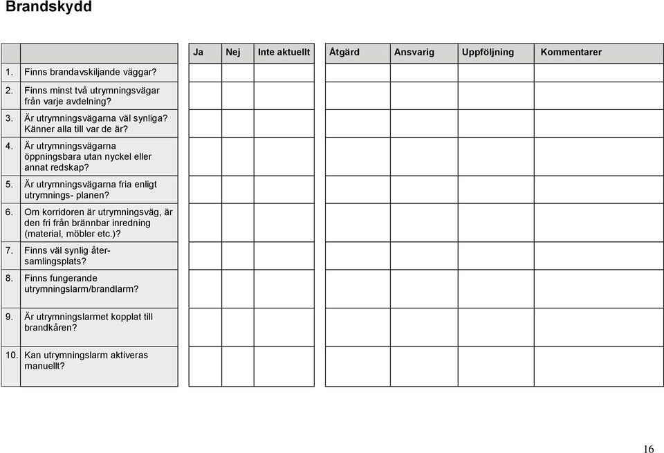 Är utrymningsvägarna öppningsbara utan nyckel eller annat redskap? 5. Är utrymningsvägarna fria enligt utrymnings- planen? 6.