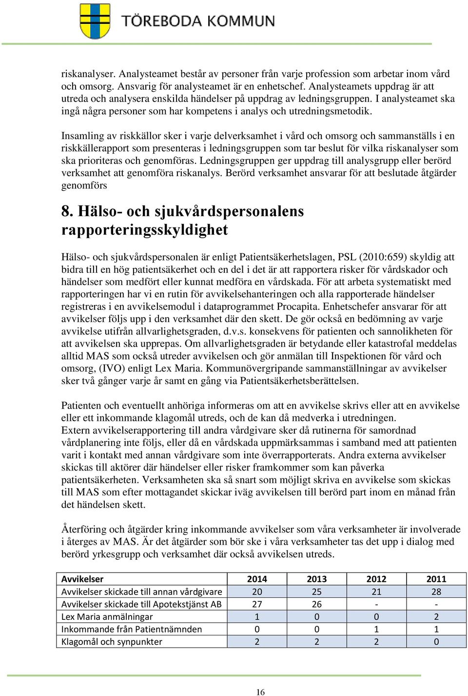 Insamling av riskkällor sker i varje delverksamhet i vård och omsorg och sammanställs i en riskkällerapport som presenteras i ledningsgruppen som tar beslut för vilka riskanalyser som ska prioriteras