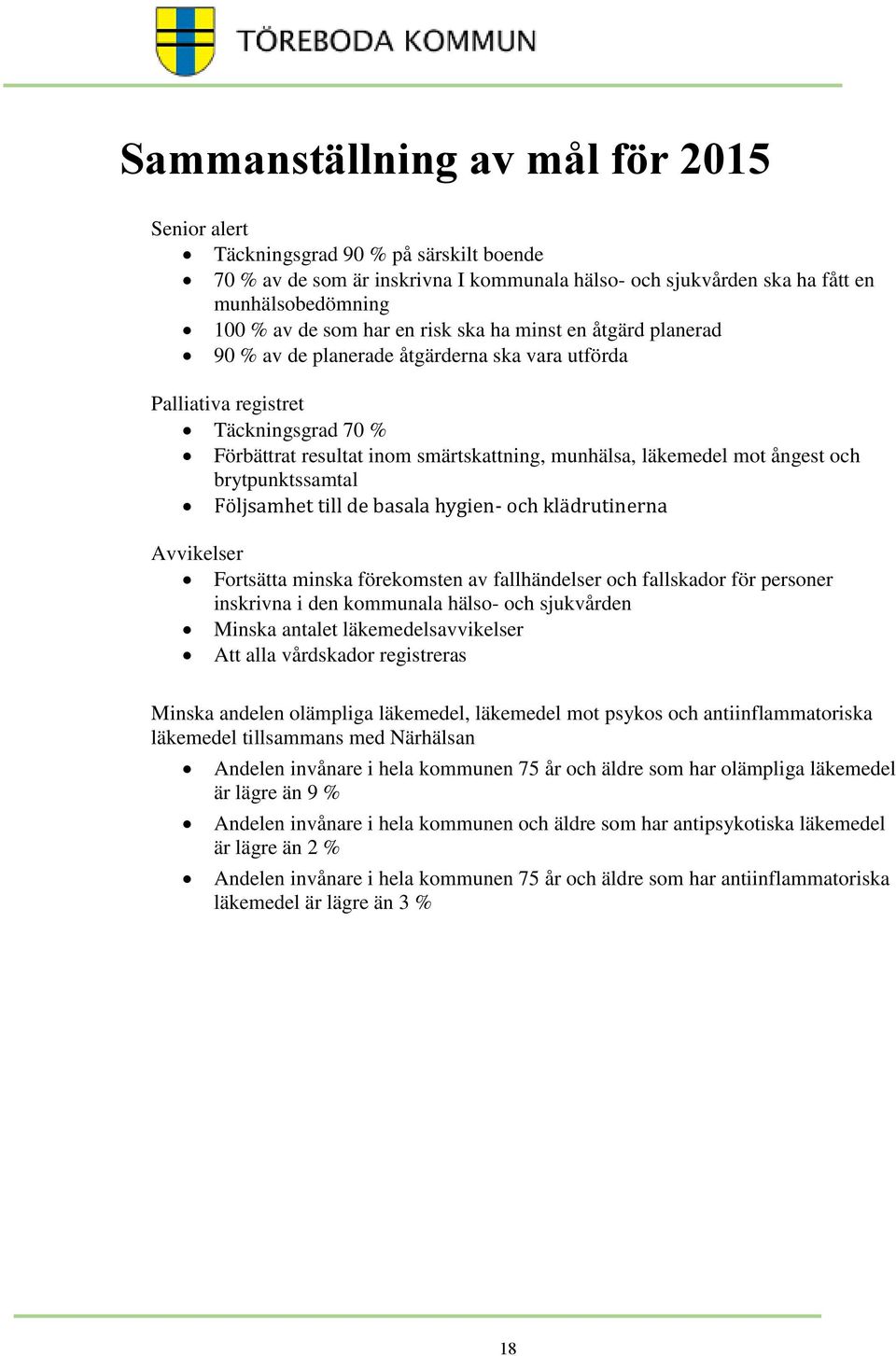 ångest och brytpunktssamtal Följsamhet till de basala hygien- och klädrutinerna Avvikelser Fortsätta minska förekomsten av fallhändelser och fallskador för personer inskrivna i den kommunala hälso-