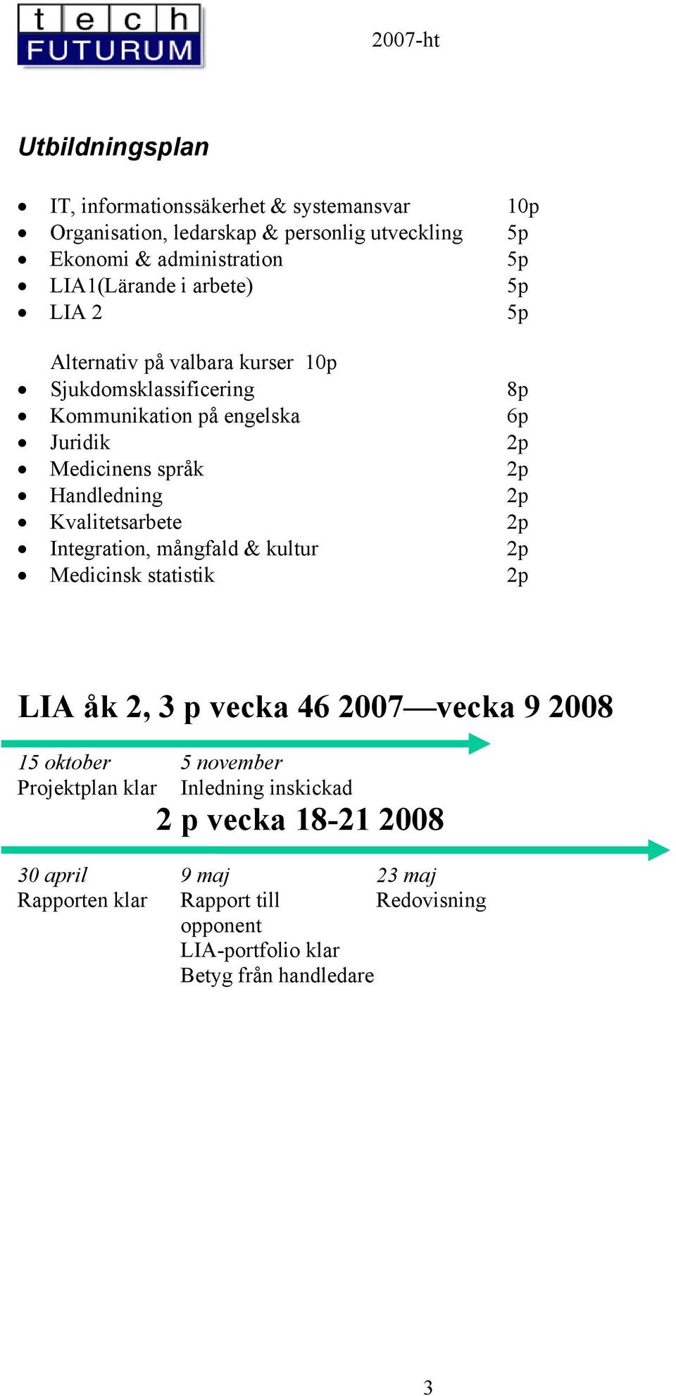 Kvalitetsarbete 2p Integration, mångfald & kultur 2p Medicinsk statistik 2p LIA åk 2, 3 p vecka 46 2007 vecka 9 2008 15 oktober 5 november Projektplan