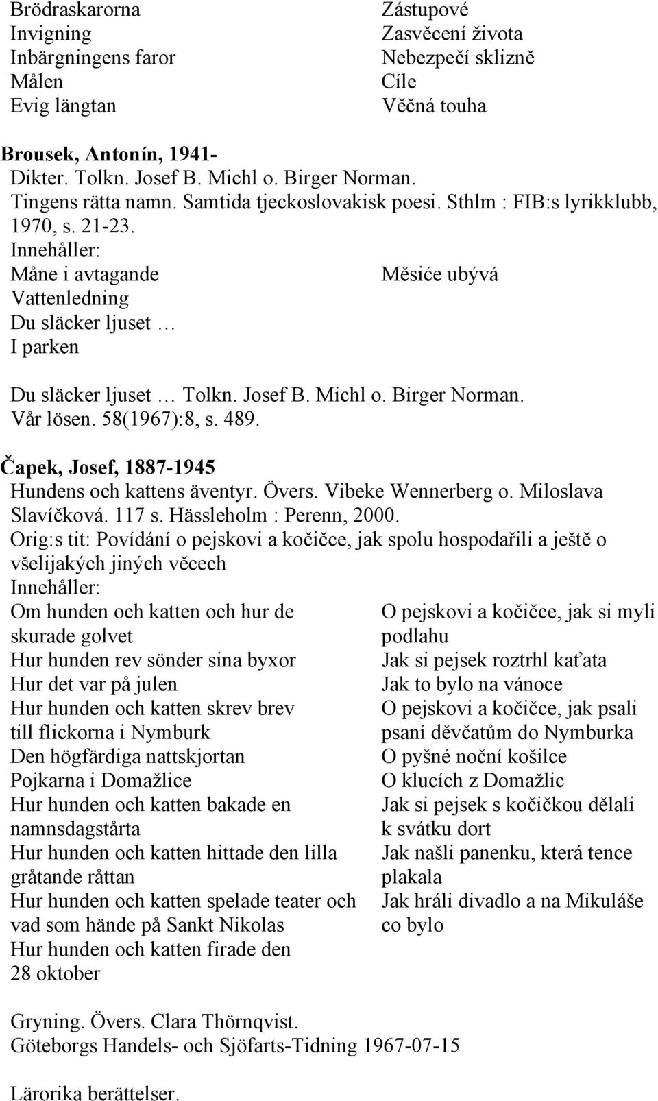 Michl o. Birger Norman. Vår lösen. 58(1967):8, s. 489. Čapek, Josef, 1887-1945 Hundens och kattens äventyr. Övers. Vibeke Wennerberg o. Miloslava Slavíčková. 117 s. Hässleholm : Perenn, 2000.