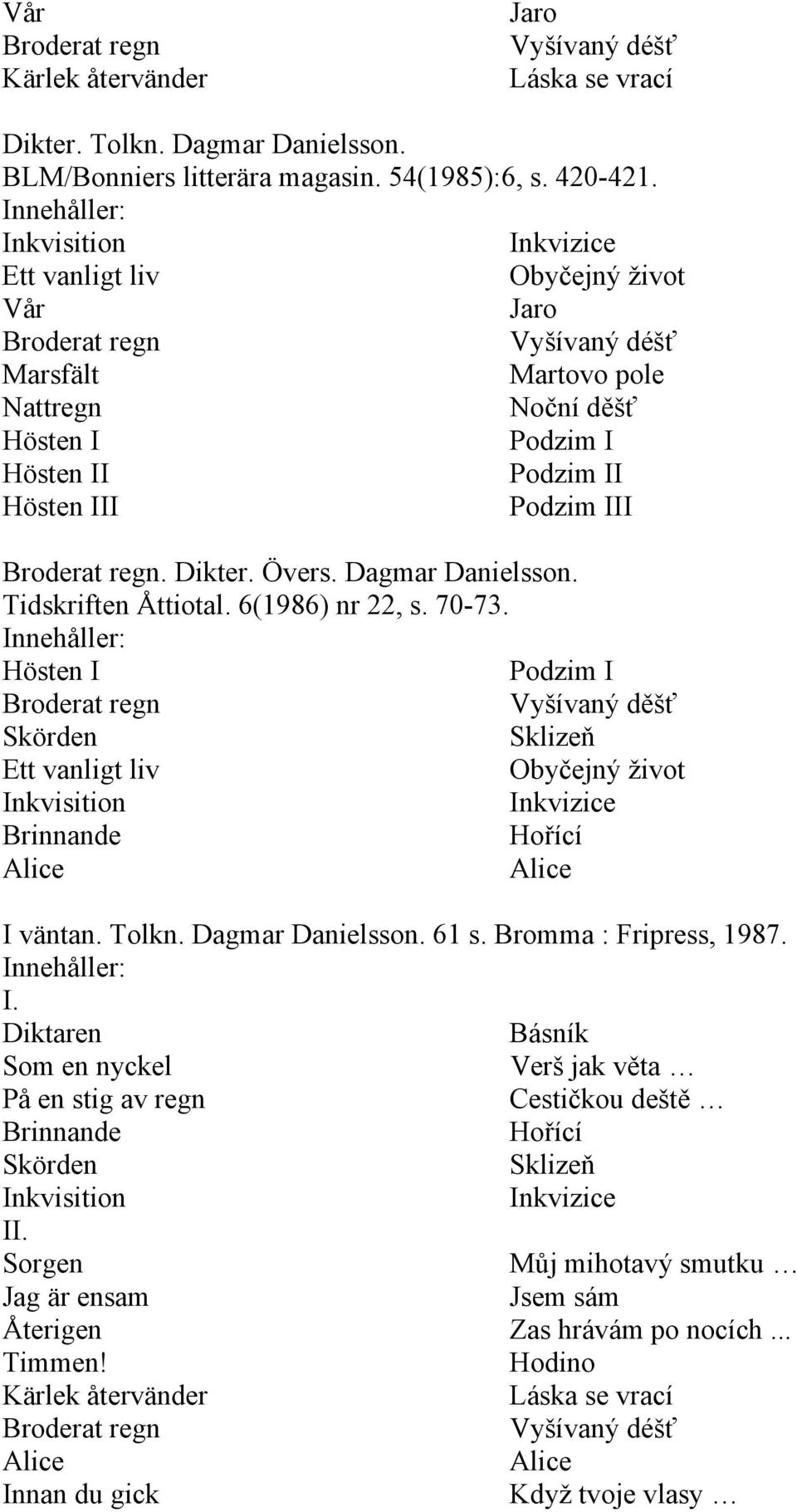 Broderat regn. Dikter. Övers. Dagmar Danielsson. Tidskriften Åttiotal. 6(1986) nr 22, s. 70-73.