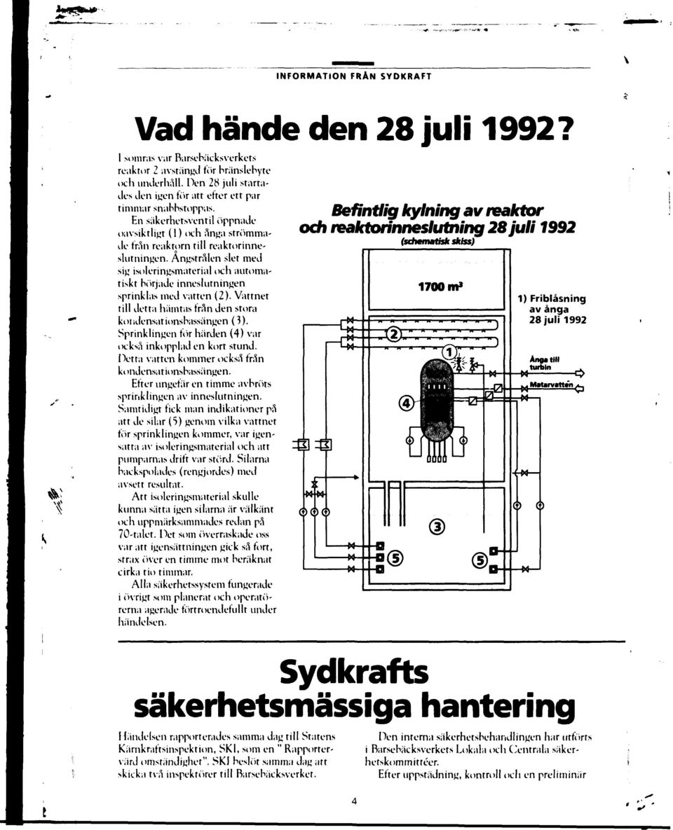 Ångstrålen slet med sig isoleringsmaterial och automatiskt började inneslutningen sprinklas med vatten (2). Vattnet till detta hämtas trån den stora kondensarionsbassängen (3).